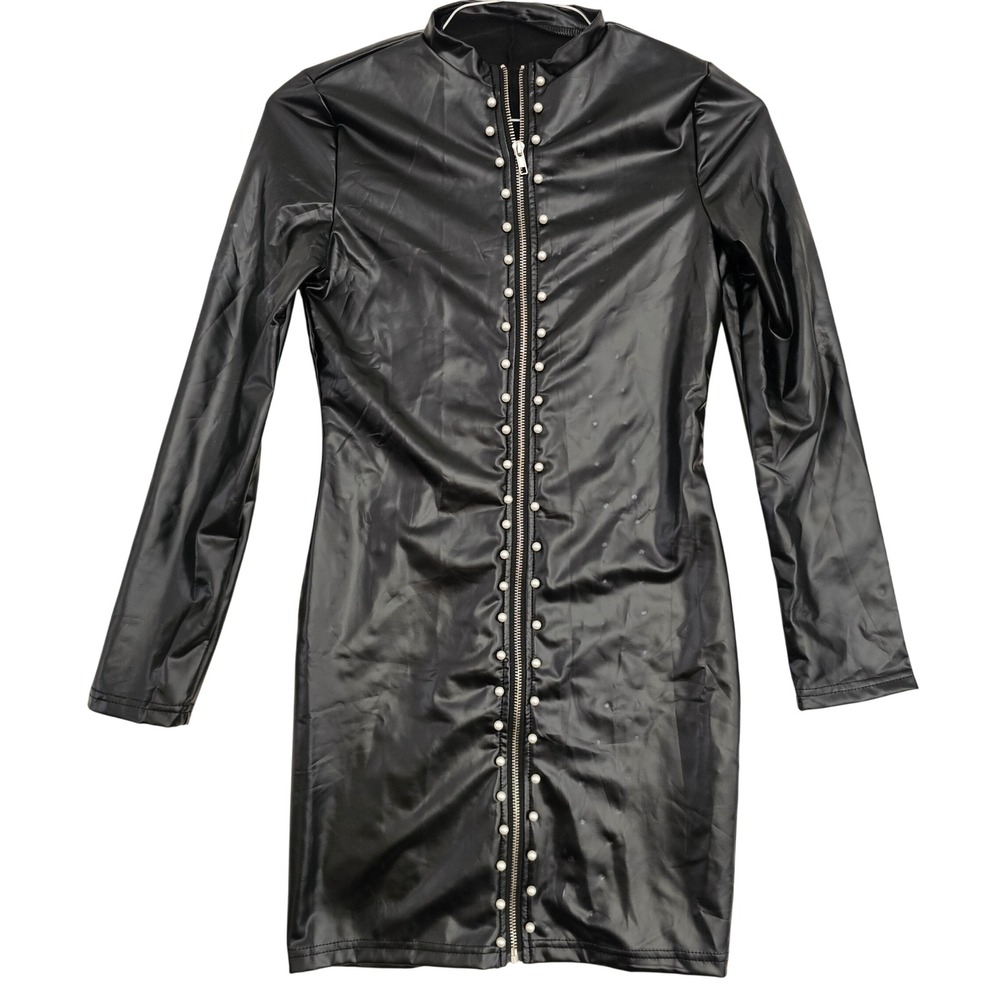 Black Faux Leather Pearl Zip Front Mock Neck Long Sleeve Mini Dress Small